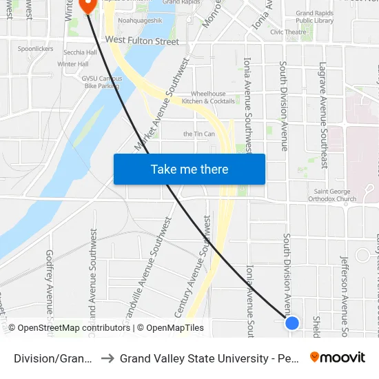 Division/Grant (Nb) to Grand Valley State University - Pew Campus map