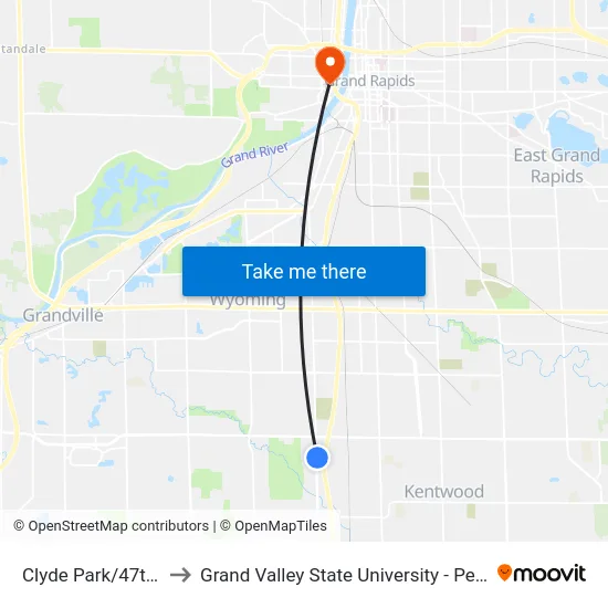 Clyde Park/47th (Nb) to Grand Valley State University - Pew Campus map