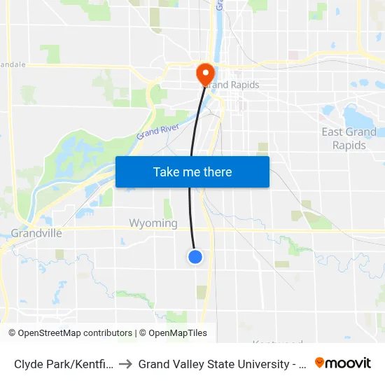 Clyde Park/Kentfield (Nb) to Grand Valley State University - Pew Campus map