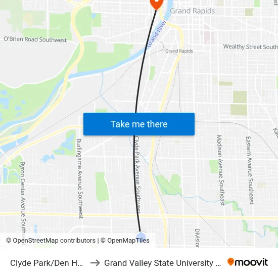 Clyde Park/Den Hertog (Nb) to Grand Valley State University - Pew Campus map