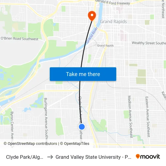 Clyde Park/Alger (Nb) to Grand Valley State University - Pew Campus map