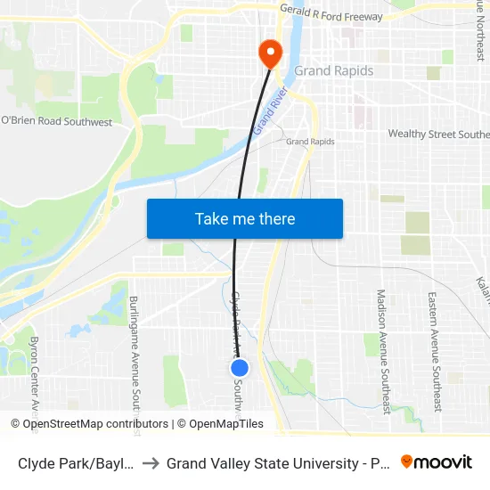 Clyde Park/Baylis (Nb) to Grand Valley State University - Pew Campus map