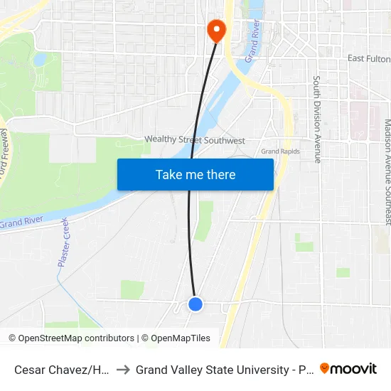Cesar Chavez/Hall (Nb) to Grand Valley State University - Pew Campus map