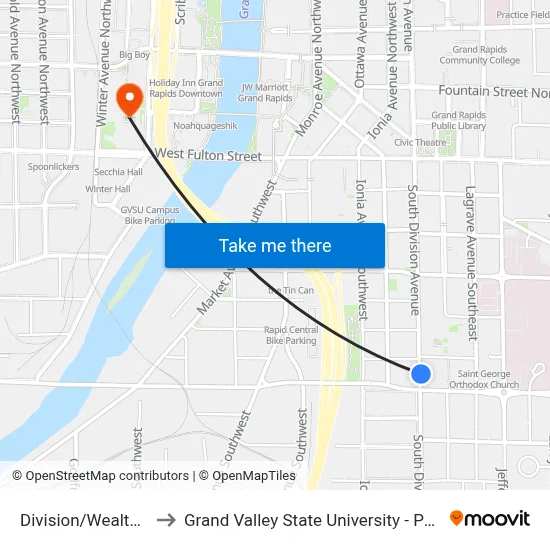 Division/Wealthy (Nb) to Grand Valley State University - Pew Campus map