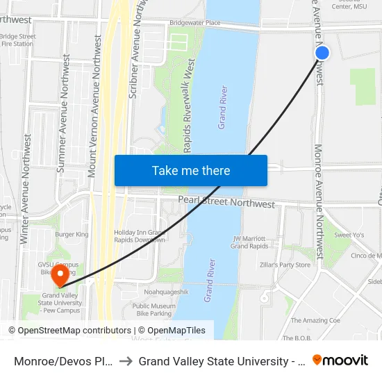 Monroe/Devos Place (Nb) to Grand Valley State University - Pew Campus map