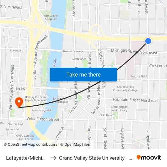 Lafayette/Michigan (Nb) to Grand Valley State University - Pew Campus map