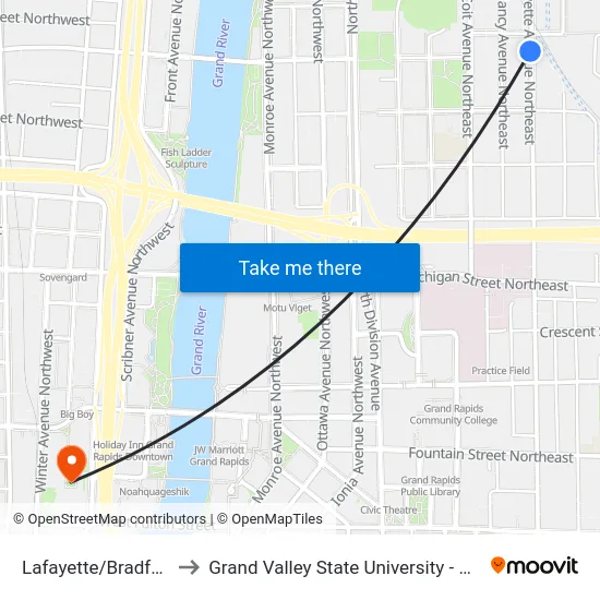 Lafayette/Bradford (Sb) to Grand Valley State University - Pew Campus map