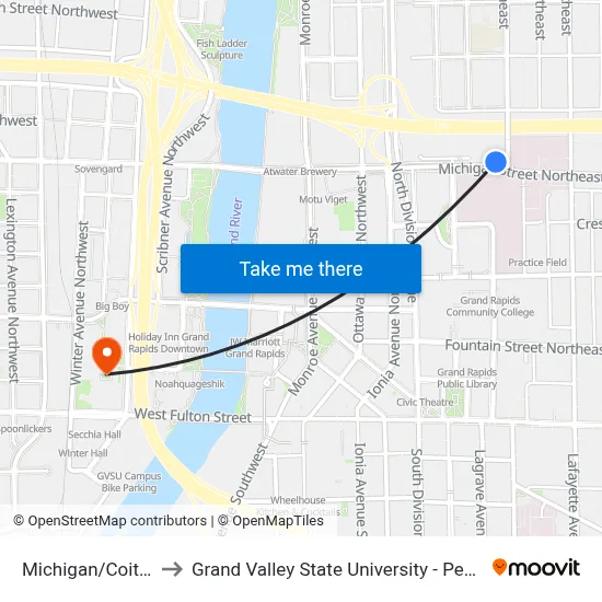 Michigan/Coit (Wb) to Grand Valley State University - Pew Campus map
