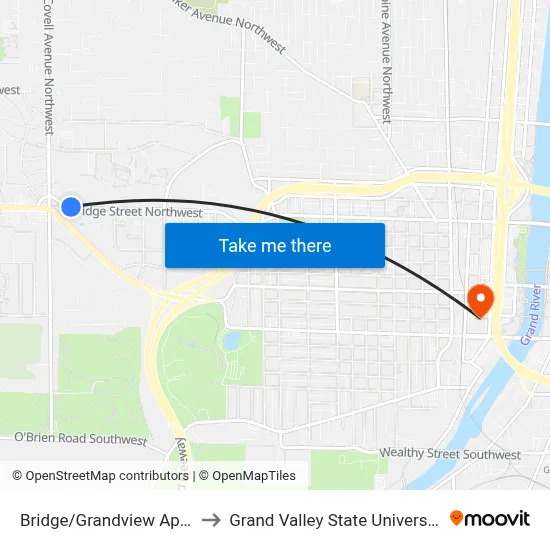 Bridge/Grandview Apartments (Wb) to Grand Valley State University - Pew Campus map