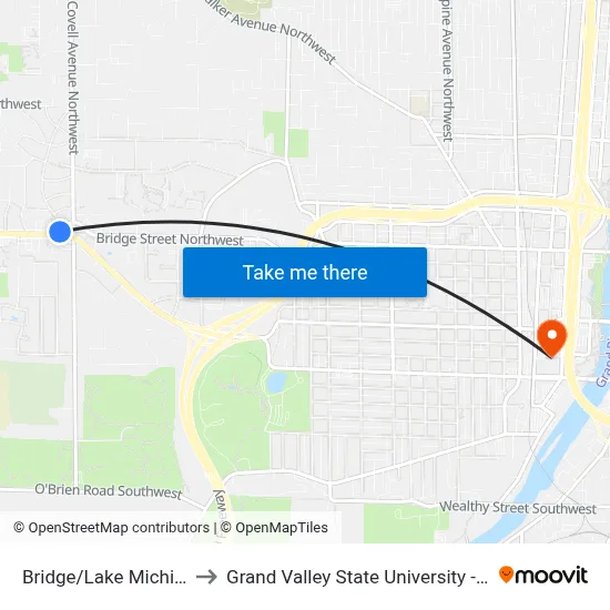 Bridge/Lake Michigan (Wb) to Grand Valley State University - Pew Campus map
