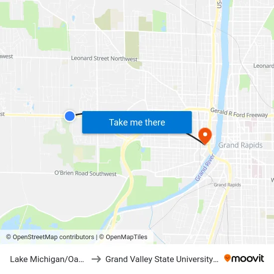 Lake Michigan/Oakleigh (Wb) to Grand Valley State University - Pew Campus map