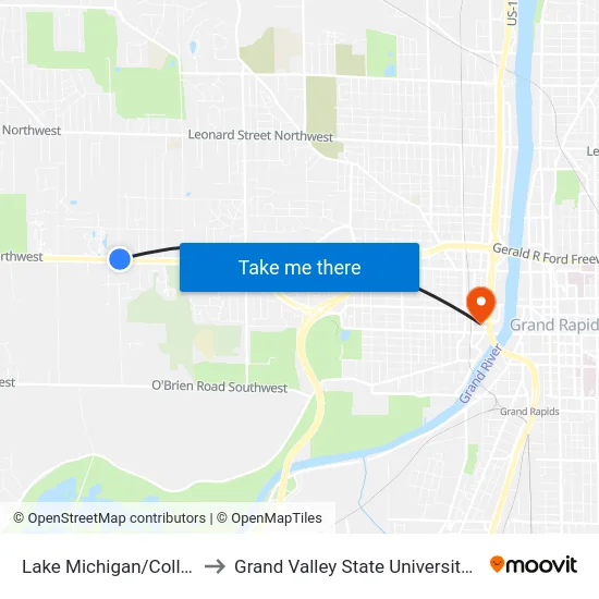 Lake Michigan/Collindale (Wb) to Grand Valley State University - Pew Campus map