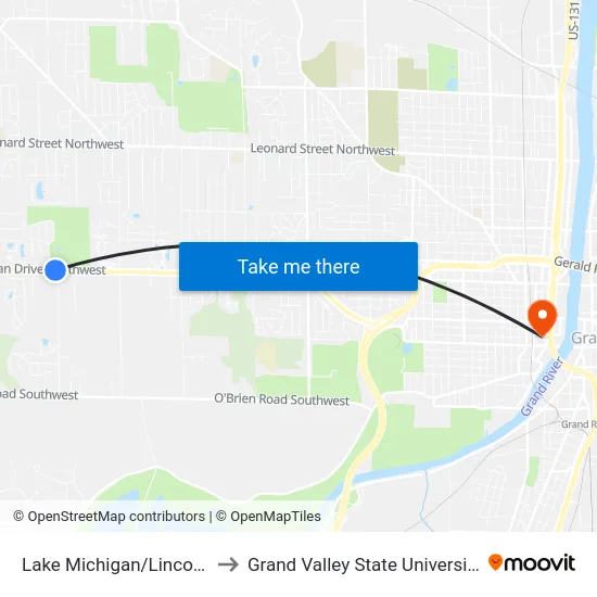 Lake Michigan/Lincoln Lawns (Wb) to Grand Valley State University - Pew Campus map