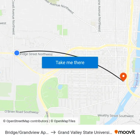 Bridge/Grandview Apartments (Eb) to Grand Valley State University - Pew Campus map