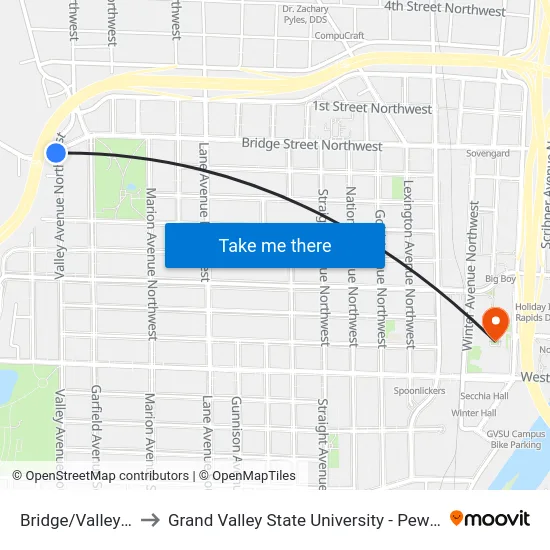 Bridge/Valley (Eb) to Grand Valley State University - Pew Campus map