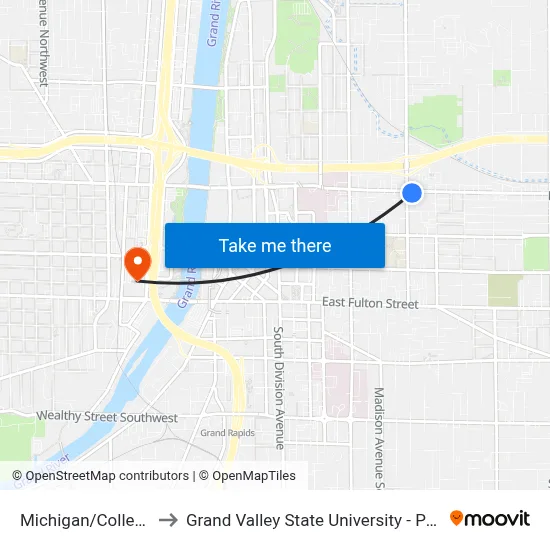 Michigan/College (Eb) to Grand Valley State University - Pew Campus map