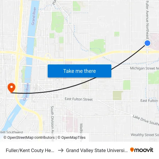 Fuller/Kent Couty Health Dept. (Nb) to Grand Valley State University - Pew Campus map