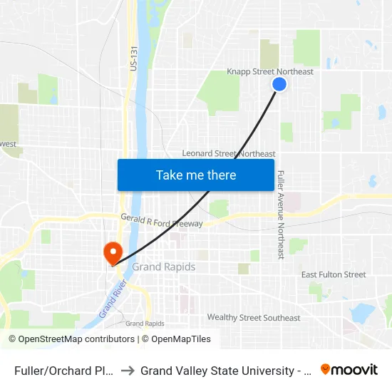 Fuller/Orchard Place (Sb) to Grand Valley State University - Pew Campus map