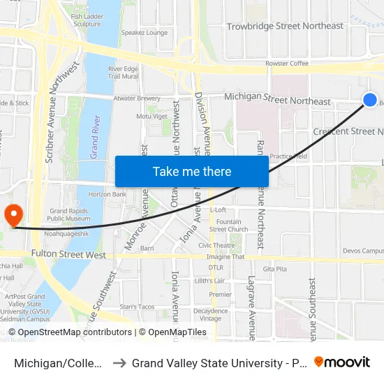 Michigan/College (Wb) to Grand Valley State University - Pew Campus map