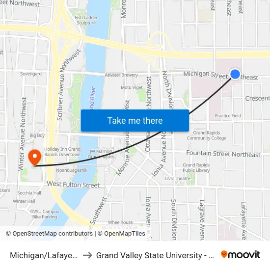 Michigan/Lafayette (Wb) to Grand Valley State University - Pew Campus map