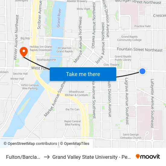 Fulton/Barclay (Eb) to Grand Valley State University - Pew Campus map