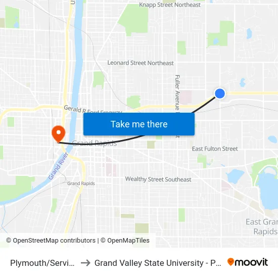 Plymouth/Service (Sb) to Grand Valley State University - Pew Campus map