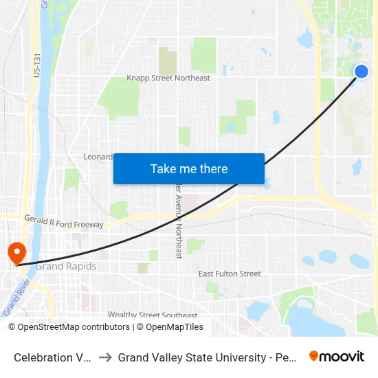 Celebration Village to Grand Valley State University - Pew Campus map