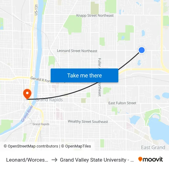 Leonard/Worcester (Wb) to Grand Valley State University - Pew Campus map