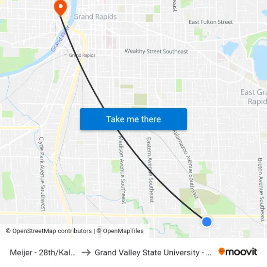 Meijer - 28th/Kalamazoo to Grand Valley State University - Pew Campus map