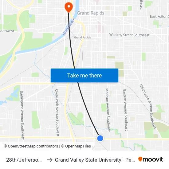 28th/Jefferson (Wb) to Grand Valley State University - Pew Campus map