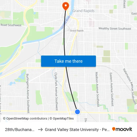 28th/Buchanan (Wb) to Grand Valley State University - Pew Campus map