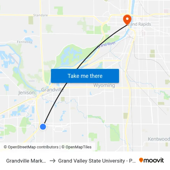 Grandville Marketplace to Grand Valley State University - Pew Campus map