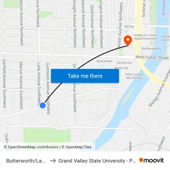 Butterworth/Lane (Wb) to Grand Valley State University - Pew Campus map