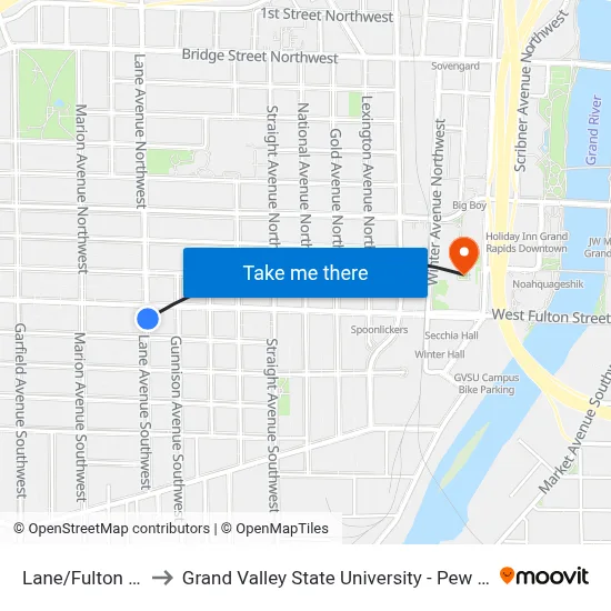 Lane/Fulton (Nb) to Grand Valley State University - Pew Campus map