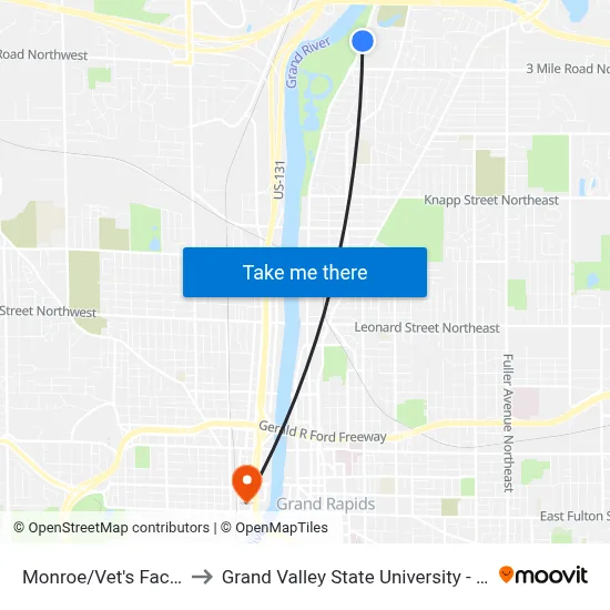 Monroe/Vet's Facility (Nb) to Grand Valley State University - Pew Campus map