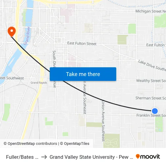Fuller/Bates (Nb) to Grand Valley State University - Pew Campus map