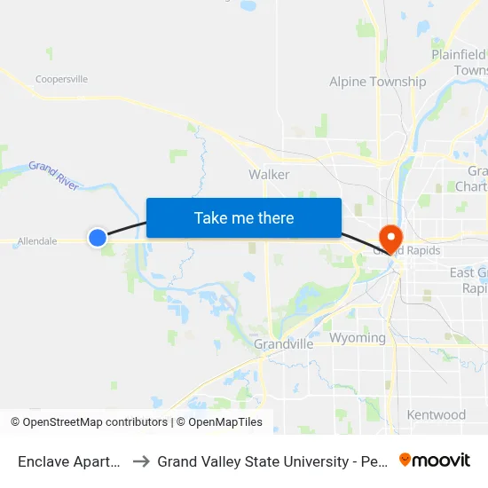 Enclave Apartments to Grand Valley State University - Pew Campus map