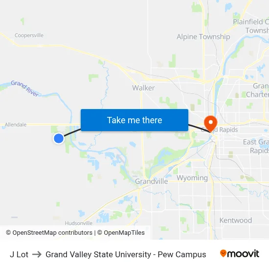 J Lot to Grand Valley State University - Pew Campus map