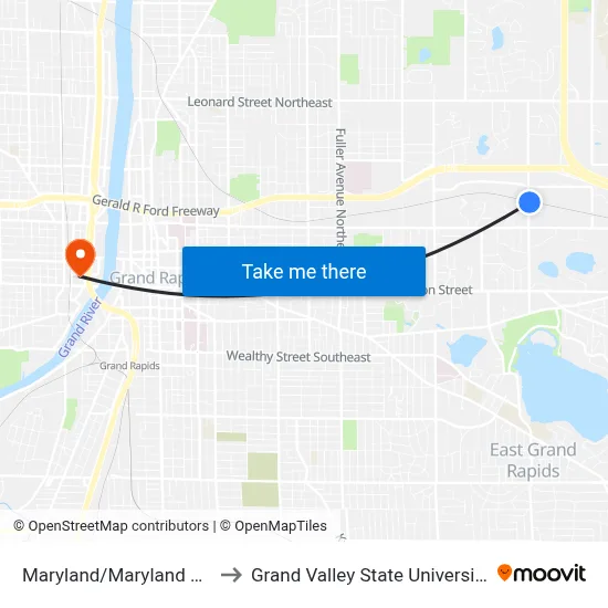 Maryland/Maryland Park Apts (Nb) to Grand Valley State University - Pew Campus map