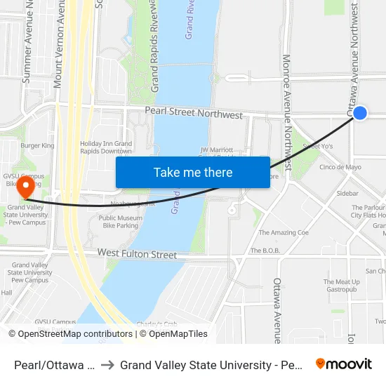 Pearl/Ottawa (Wb) to Grand Valley State University - Pew Campus map