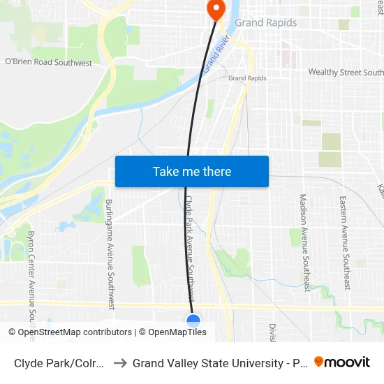 Clyde Park/Colrain (Sb) to Grand Valley State University - Pew Campus map