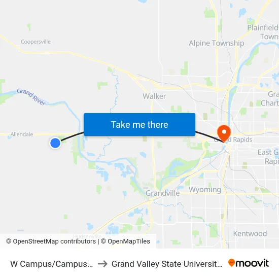 W Campus/Campus West 1 (Eb) to Grand Valley State University - Pew Campus map