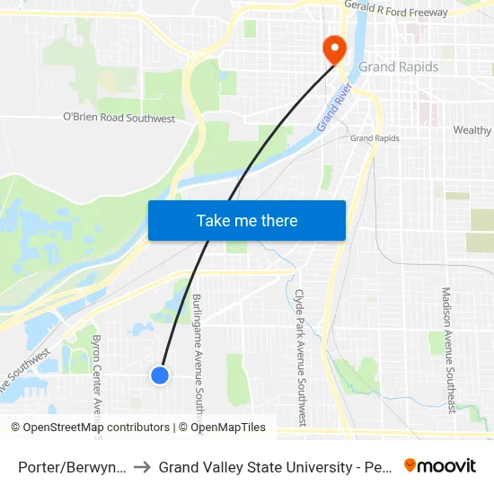Porter/Berwyn (Wb) to Grand Valley State University - Pew Campus map