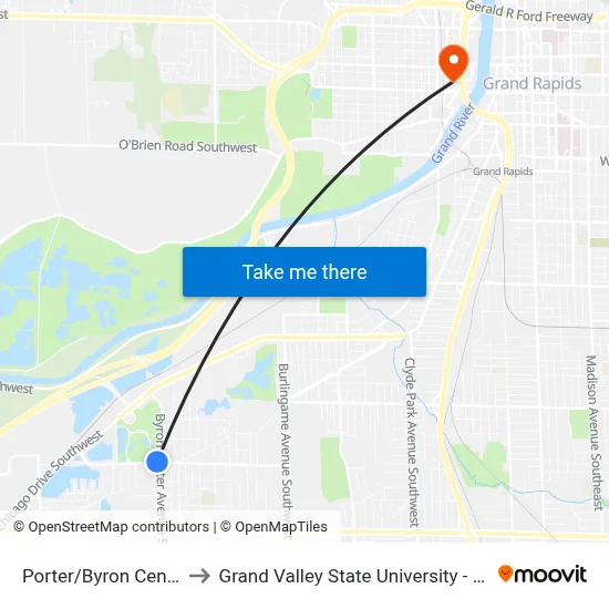 Porter/Byron Center (Wb) to Grand Valley State University - Pew Campus map
