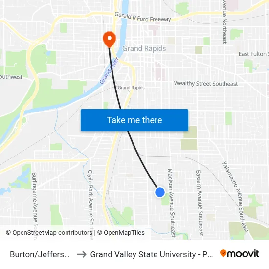 Burton/Jefferson (Eb) to Grand Valley State University - Pew Campus map
