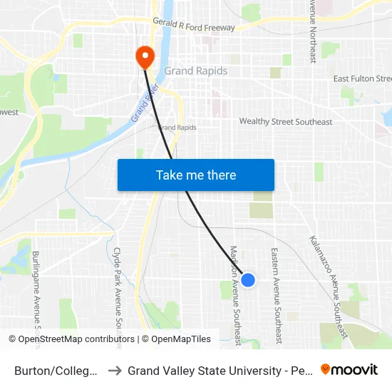 Burton/College (Wb) to Grand Valley State University - Pew Campus map