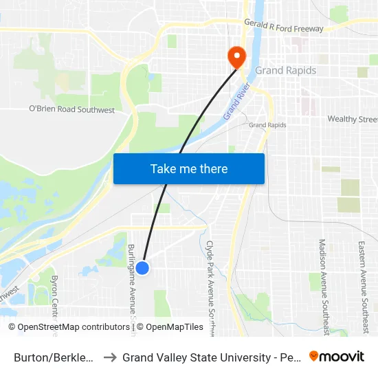 Burton/Berkley (Wb) to Grand Valley State University - Pew Campus map
