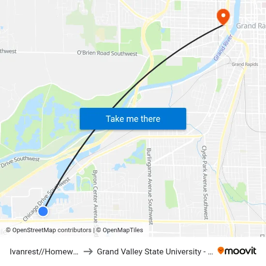 Ivanrest//Homewood (Nb) to Grand Valley State University - Pew Campus map