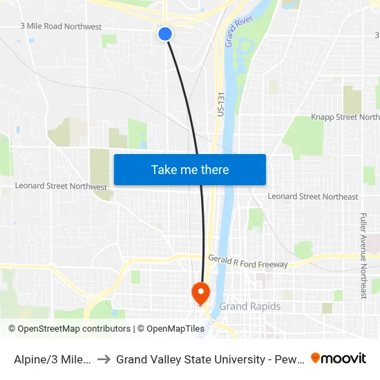 Alpine/3 Mile (Sb) to Grand Valley State University - Pew Campus map