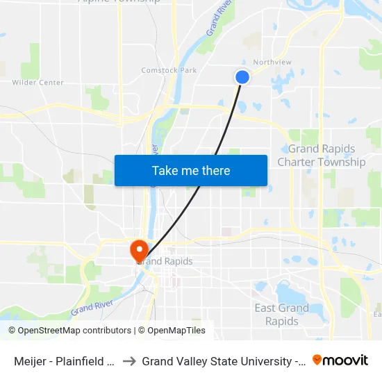 Meijer - Plainfield Township to Grand Valley State University - Pew Campus map